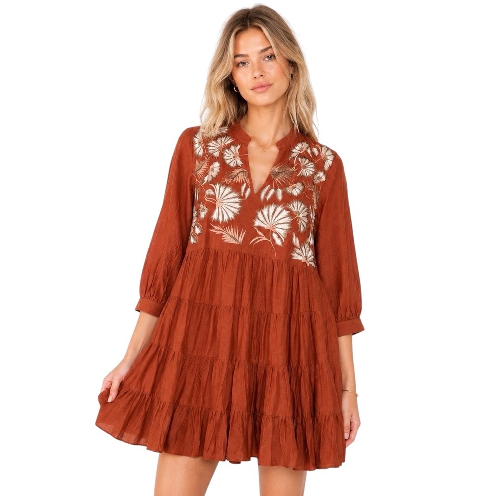 Anthropologie Samant Chauhan Apolline Rust Orange Embroidered Boho Dress XS